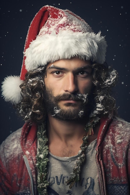 Handsome young man in santa claus hat with beard and moustache on serious face in red jacket with ch