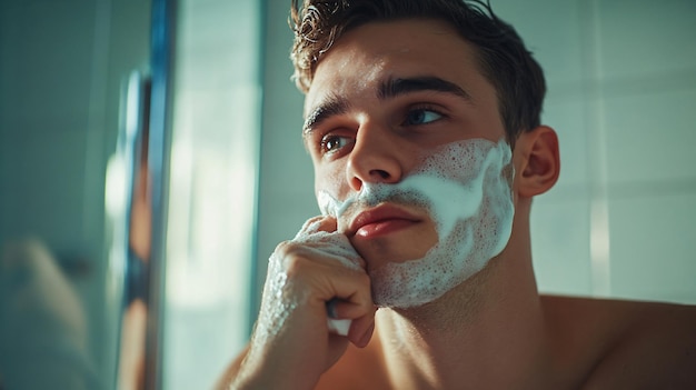 Handsome Young Man Shaving in Bathroom