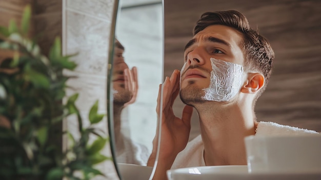 Handsome Young Man Shaving at Home Looking in Mirror Reflection