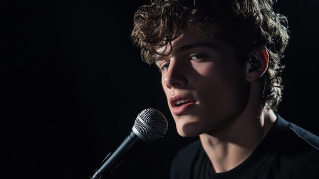 a handsome young man singing into a microphone a portrait black background tones ar 169 v 61 Job ID