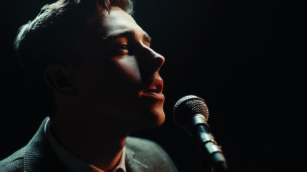 a handsome young man singing into a microphone a portrait black background tones ar 169 v 61 Job ID