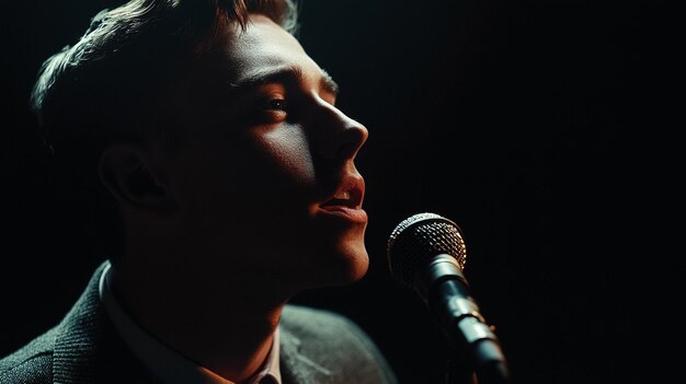 Photo a handsome young man singing into a microphone a portrait black background tones ar 169 v 61 job id