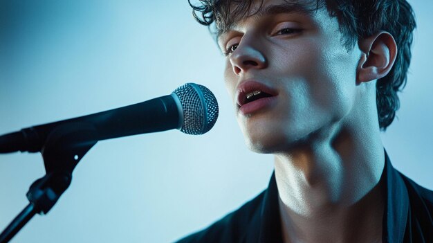 a handsome young man singing into a microphone a portrait light blue background tones ar 169 v 61 Jo