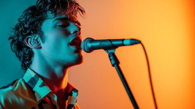 Photo a handsome young man singing into a microphone a portrait light orange and blue background tones ar