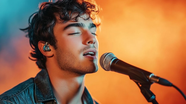 Photo a handsome young man singing into a microphone a portrait light orange and blue background tones ar