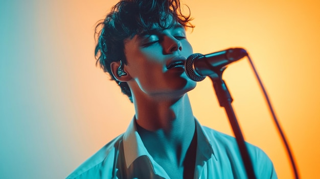 Photo a handsome young man singing into a microphone a portrait light orange and blue background tones ar