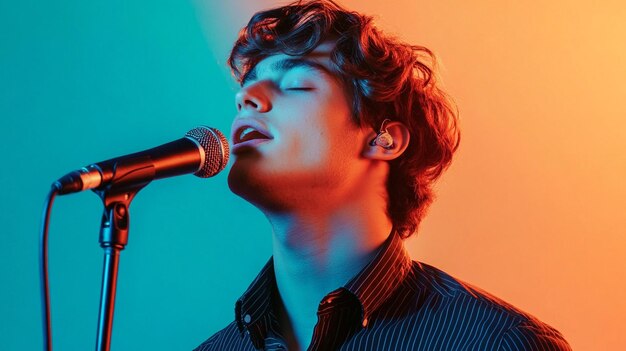 a handsome young man singing into a microphone a portrait light orange and blue background tones ar