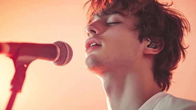 Photo a handsome young man singing into a microphone a portrait light pink and orange background tones ar