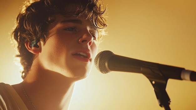 Photo a handsome young man singing into a microphone a portrait light yellow bacjground tones ar 169 v 61