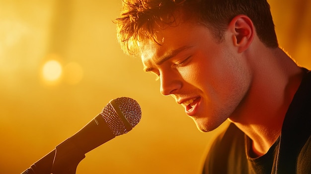 Photo a handsome young man singing into a microphone a portrait light yellow bacjground tones ar 169 v 61