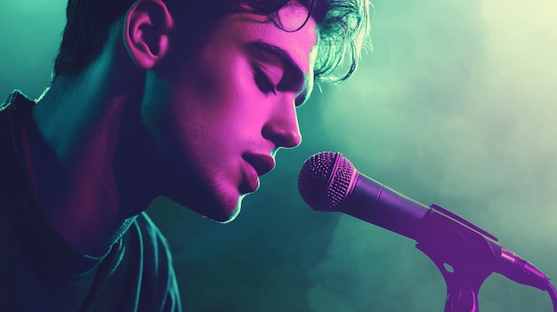 Photo a handsome young man singing into a microphone a portrait light