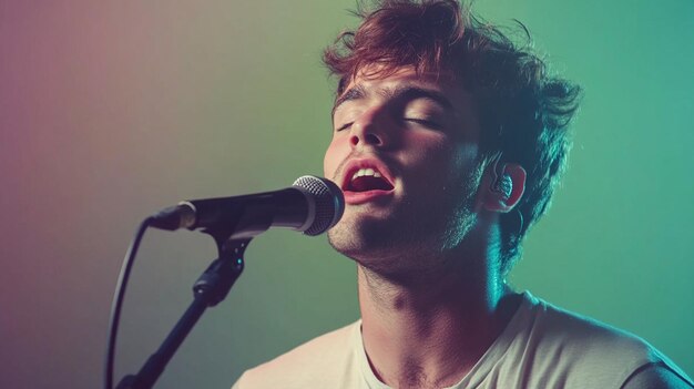 a handsome young man singing into a microphone a portrait light