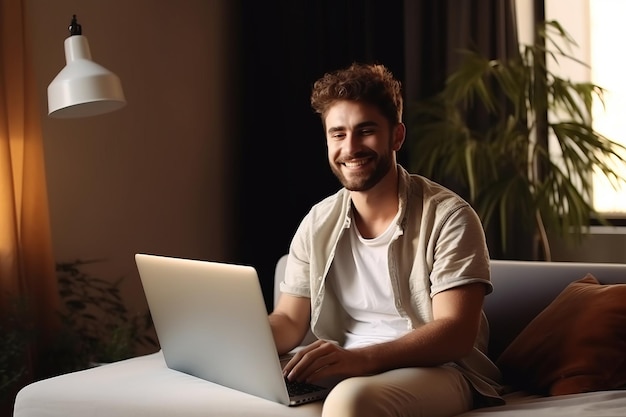 Handsome young man using laptop computer at home Student men resting in his room Home work or study freelance online learning and casual business concept