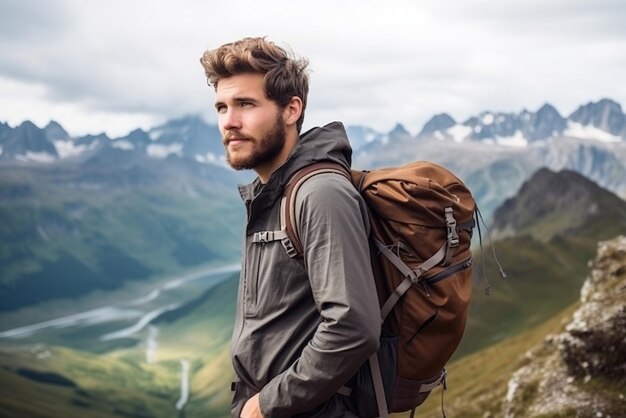 Handsome young man with backpack on the background of mountains