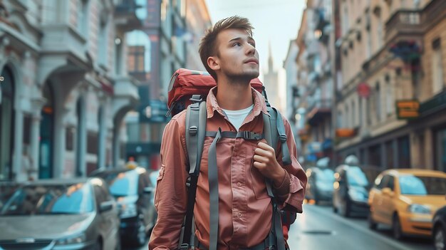 Photo handsome young man with backpack walking on the street