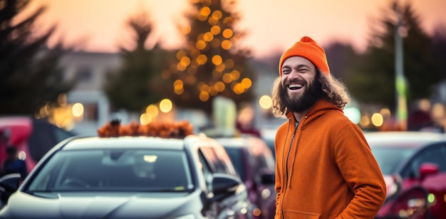 Handsome young man with beard and moustache in orange hoodie and hat on blurred background of car wi