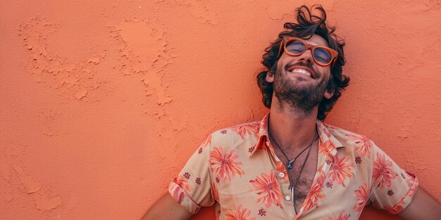 handsome young man with beard and sunglasses leaning on a peach fuzz colored wall