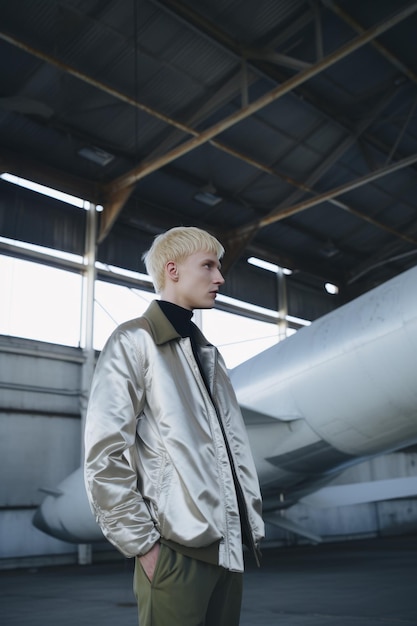 Photo handsome young man with blond hair in a beige jacket in an industrial area