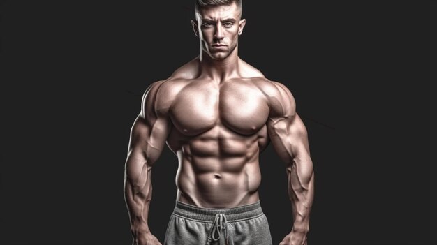 Handsome young man with muscular body and tattooed torso standing over dark backgroundgenerative ai