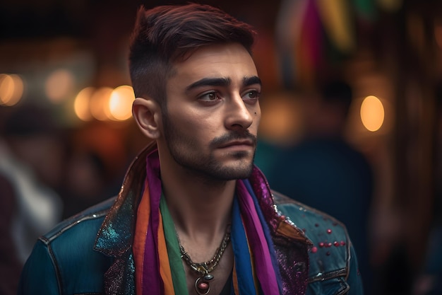 A Handsome young man with a rainbow scarf