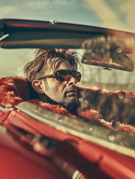 Photo handsome young man with sunglasses is driving a vintage car