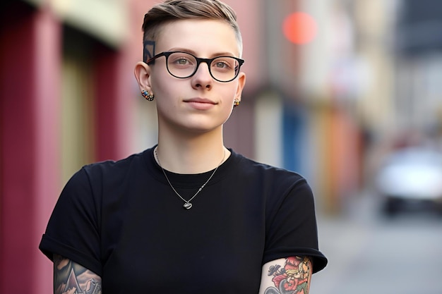 Handsome young man with tattoo on his arm and glasses in the city