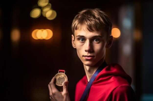 Photo handsome young sportsman with medal and reward