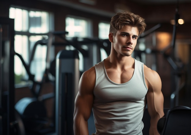 handsome young sporty shirtless man at gym