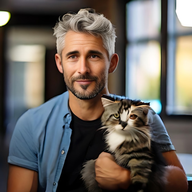 Photo a handsome young teacher in mid grey eyes and a black and white cat on his arm