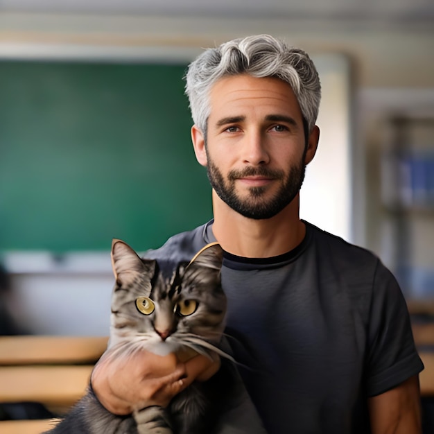 Photo a handsome young teacher in mid grey eyes and a black and white cat on his arm