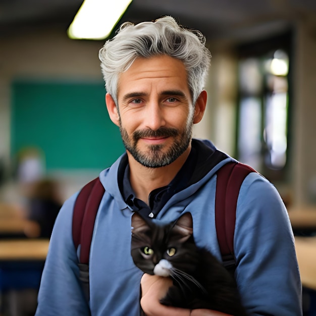 A handsome young teacher in mid grey eyes and a black and white cat on his arm