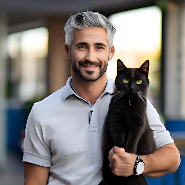 Photo a handsome young teacher in mid grey eyes and a black and white cat on his arm