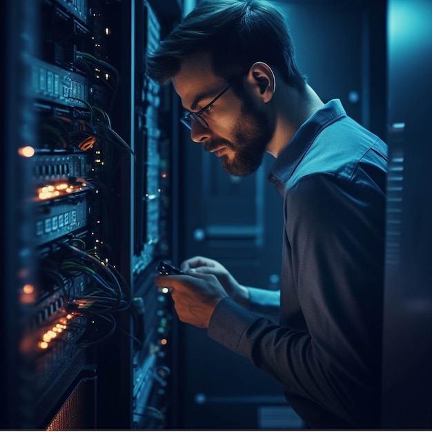 Handsome young technician working in network server room Internet and telecommunication concept