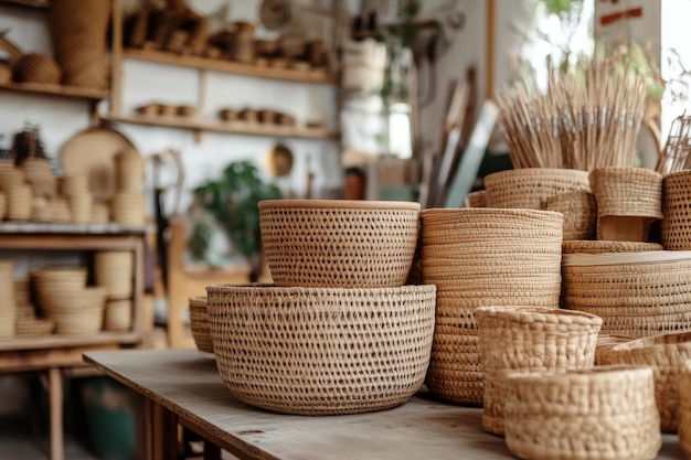 Photo handwoven baskets displayed in a cozy artisan shop