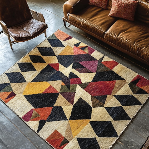 A handwoven wool rug with a geometric pattern