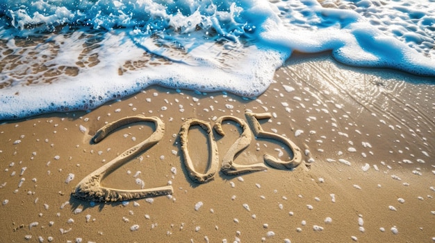 handwritten 2025 on beautiful beach sandHappy new year 2025 message