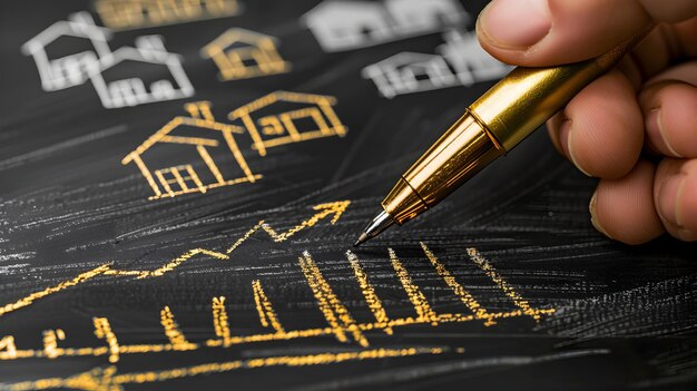 Handwritten Business Growth Graph with Golden Pen on Blackboard Backdrop