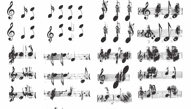 Photo handwritten musical notes and symbols on sheet music with various styles and ink smudges