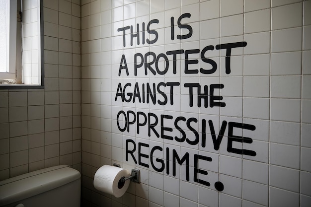 Photo handwritten protest message in a bathroom setting