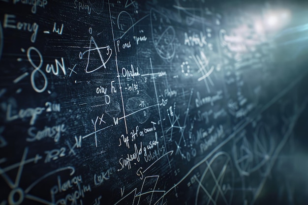 Photo handwritten quantum physics formulas on blackboard