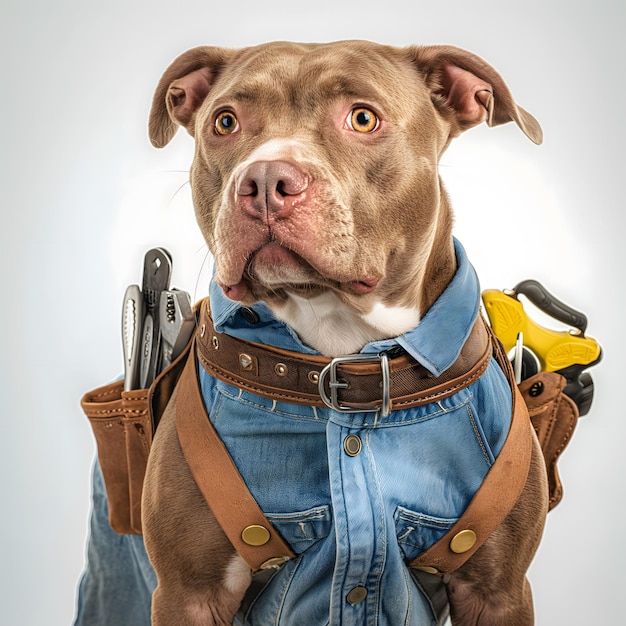 Photo handy pitbull in workwear with toolbelt