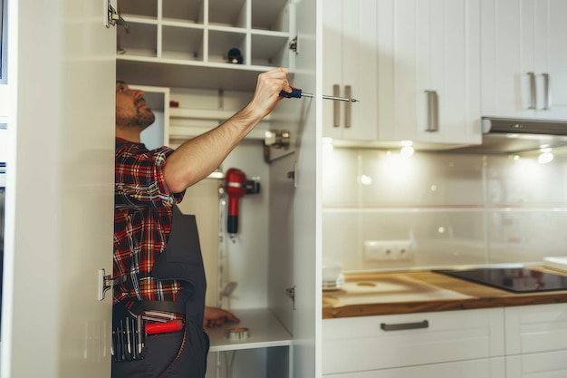 Photo handyman fixing kitchen s cabinet with screwdriver handyman fixing kitchen s cabinet with screwdrive