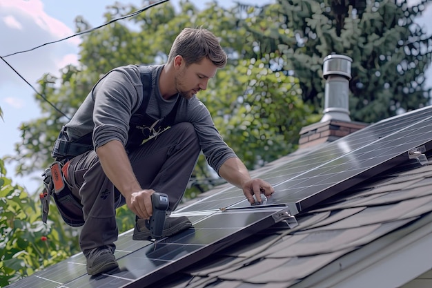 A handyman installing solar panels on the rooftop