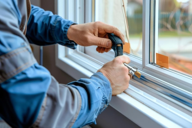 Photo handyman repairing the sliding window adjust a rail wheel and lock hook