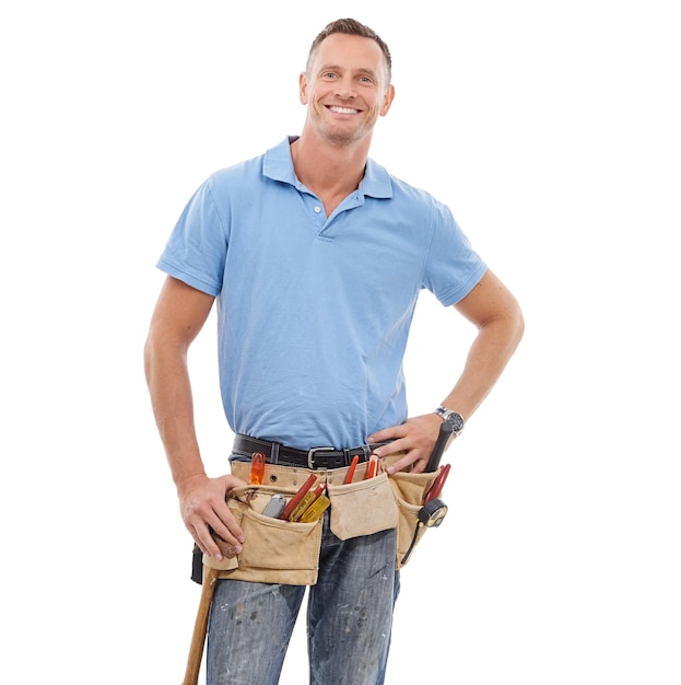 Handyman repairman and portrait of man in studio with a tool belt for repairs or maintenance Happy smile and full length of male industrial worker standing with tools isolated by white background