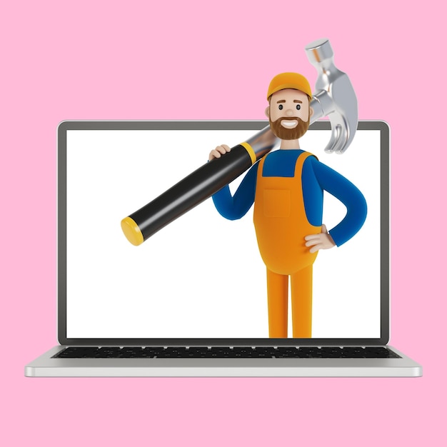 Handyman with a big hammer in the laptop screen Husband for an hour An electrician plumber carpenter calls the foreman to work 3D illustration in cartoon style