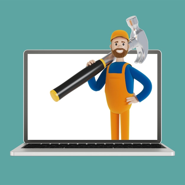 Handyman with a big hammer in the laptop screen Husband for an hour An electrician plumber carpenter calls the foreman to work 3D illustration in cartoon style