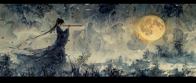 Photo hanfu maiden playing flute in paper cut style