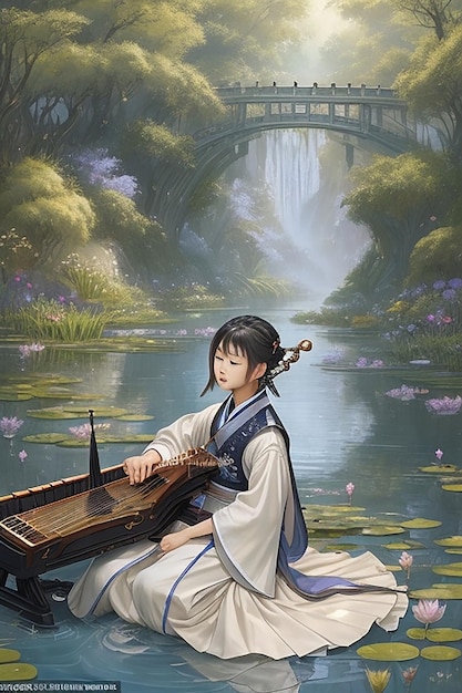 Hanfu wearing young man playing zither riverside setting Zen atmosphere inspired by Romulus Royo Luis