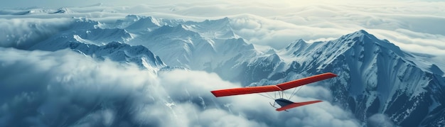 Hang glider soaring over mountain peaks open sky